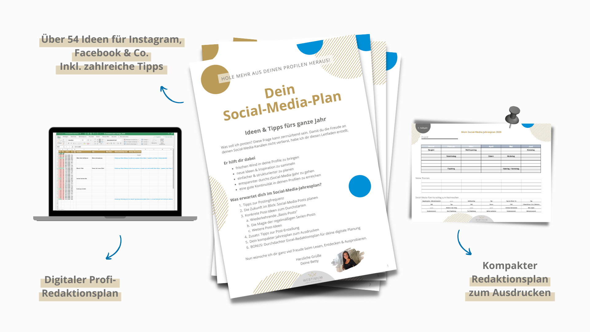 Social Media Plan Überblick und Inhalte (Social-Media-Posting-Ideen, digitaler Redaktionsplan und Redaktionsplan zum Ausdrucken)